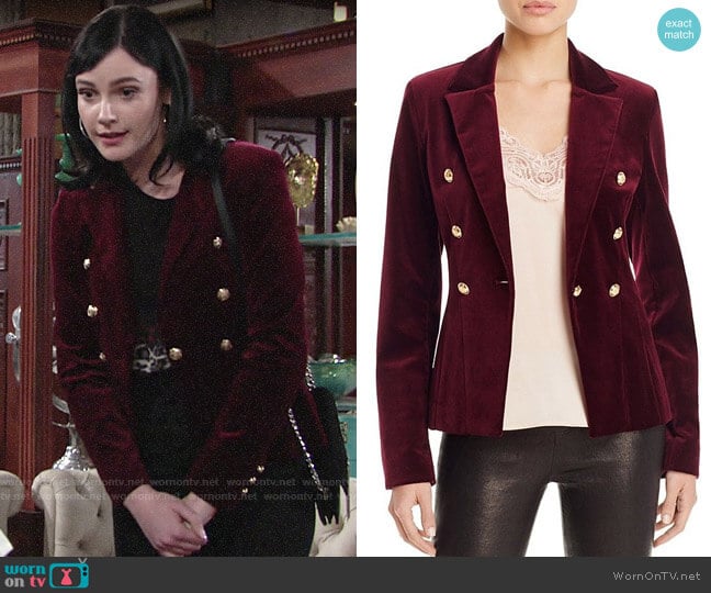 Aqua x Maddie & Tae Velvet Gold Button Blazer worn by Tessa Porter (Cait Fairbanks) on The Young and the Restless