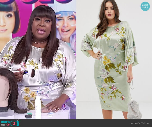 Kimono Midi Pencil Dress in Satin Floral Embroidery by Asos Curve worn by Loni Love on The Real