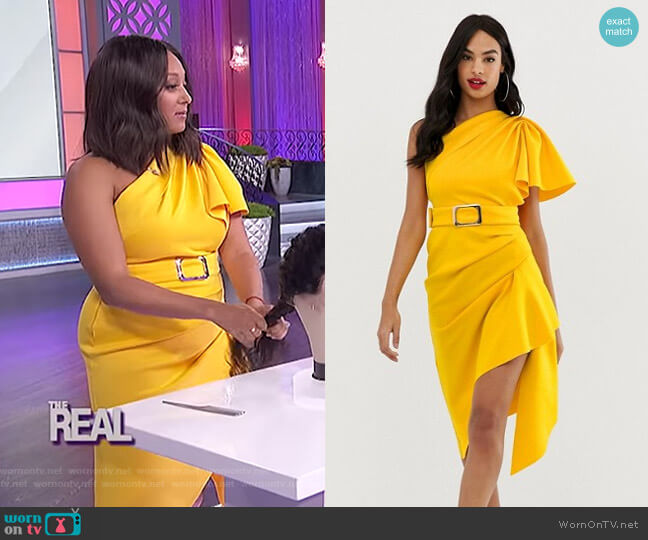 One Shoulder Belted Pencil Dress with Tuck Detail by Asos worn by Tamera Mowry  on The Real