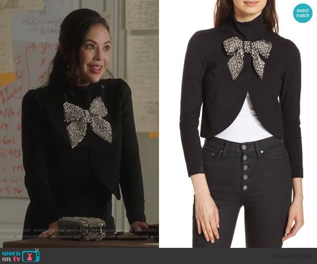 Alice + Olivia Addison Embellished Bow Crop Jacket worn by Mona Vanderwaal (Janel Parrish) on Pretty Little Liars The Perfectionists