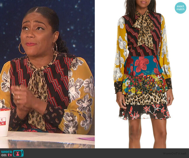 WornOnTV: Tiffany Haddish’s mixed print tie neck dress on The Talk ...