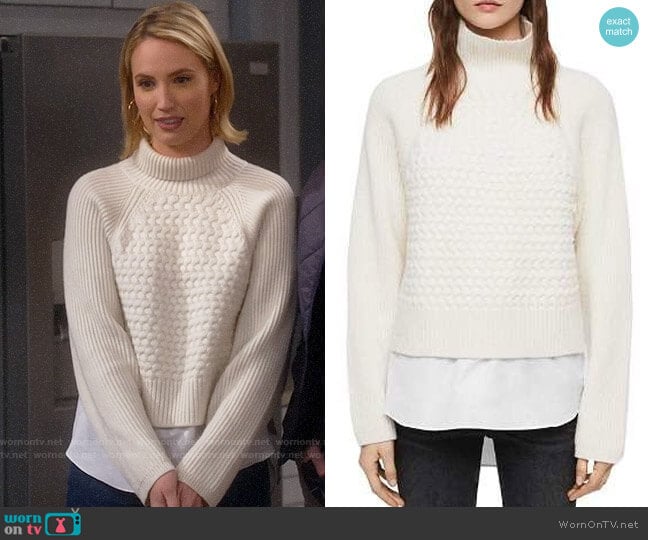 All Saints Jones Layered-Look Cable-Knit Sweater worn by Mandy Baxter (Molly McCook) on Last Man Standing