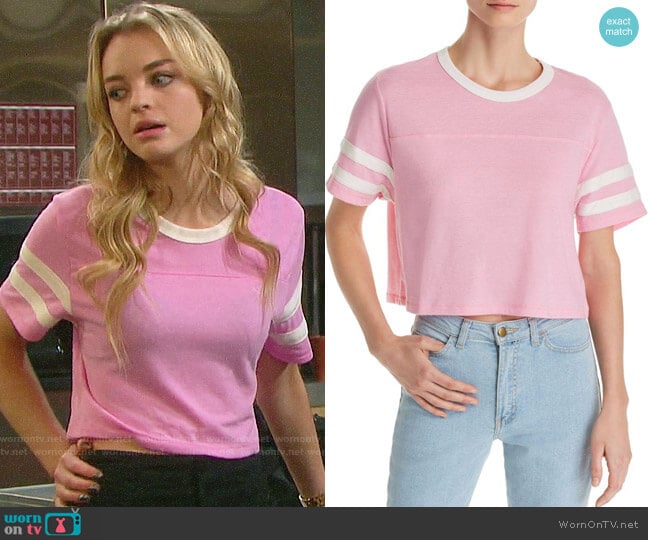 Alternative Apparel Striped-sleeve Cropped Tee worn by Claire Brady (Olivia Keegan) on Days of our Lives