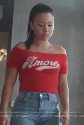 Mariana's red Amore graphic top on Good Trouble