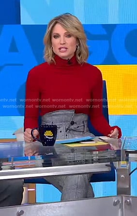 Amy’s red sweater and houndstooth belted pants on Good Morning America