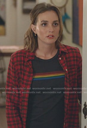 Angie’s rainbow tee and red checked shirt on Single Parents