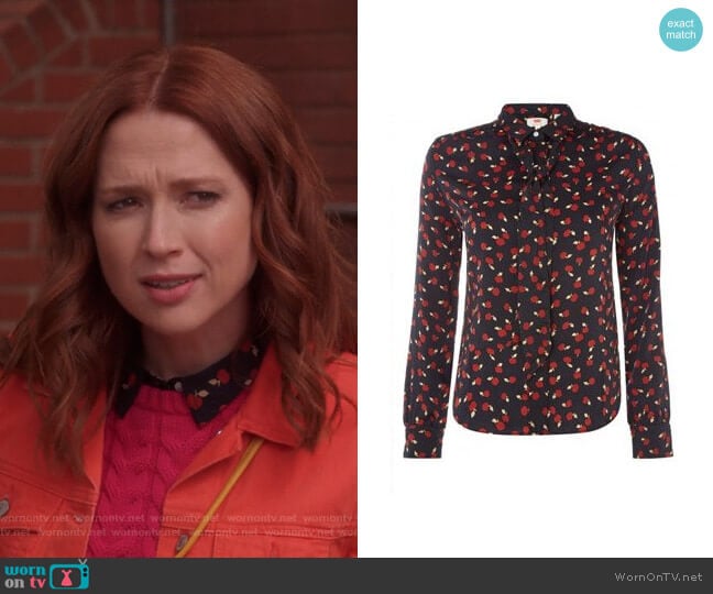 Apple Print Blouse by Levis worn by Kimmy Schmidt (Ellie Kemper) on Unbreakable Kimmy Schmidt