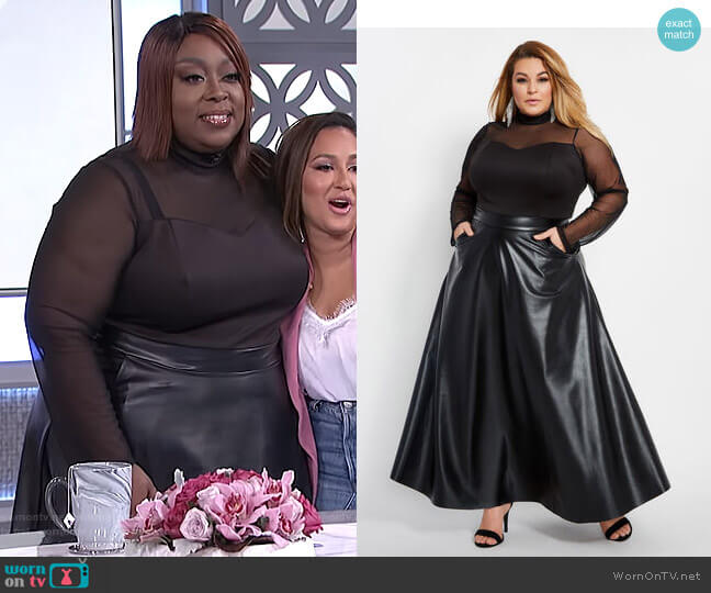 Faux Leather Mesh Top Maxi Dress by Ashley Stewart worn by Loni Love on The Real