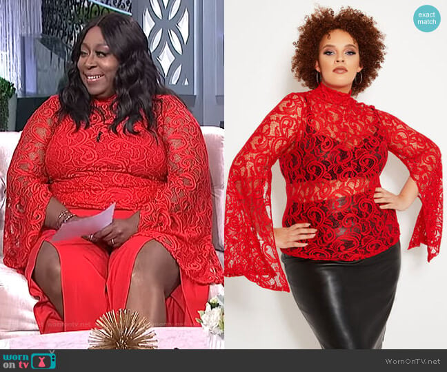 Split Sleeve Lace Mock Neck Top by Ashley Stewart worn by Loni Love on The Real