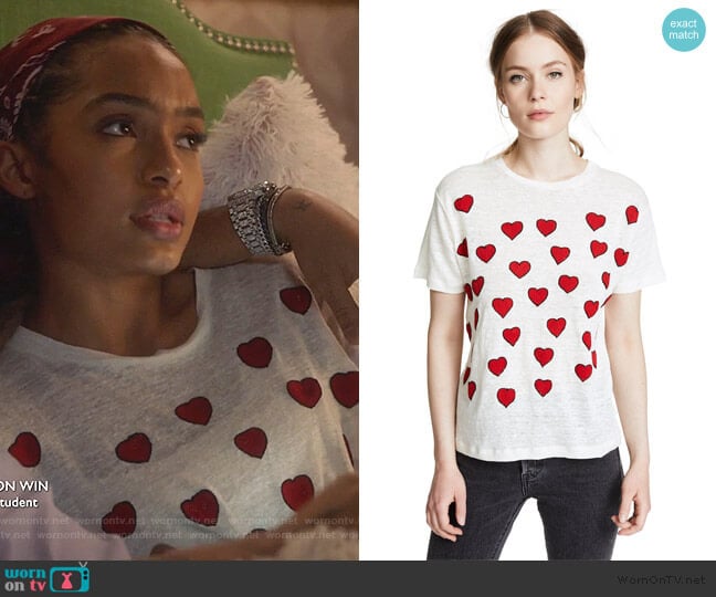 WornOnTV: Zoey’s white heart print tee on Grown-ish | Yara Shahidi