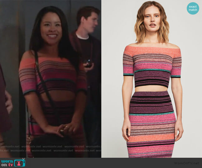 Off-The-Shoulder Striped Crop Top and Skirt by BCBGMAXAZRIA worn by Mariana Foster (Cierra Ramirez) on Good Trouble