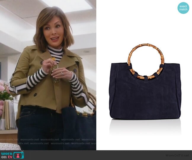 Bamboo-Trimmed Suede Tote Bag by Barneys New York worn by Camille (Lindsay Price) on Splitting Up Together