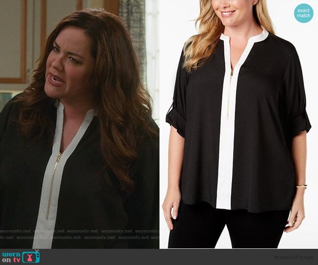 Two-Tone Zip Blouse by Calvin Klein worn by Katie Otto (Katy Mixon) on American Housewife