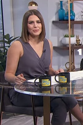 Carissa’s grey tie waist wrap jumpsuit on E! News Daily Pop