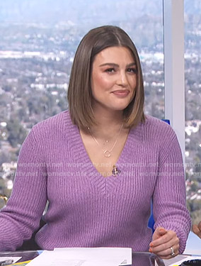 Carissa’s purple ribbed v-neck sweater on E! News Daily Pop