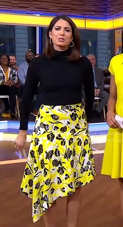 Cecilia’s yellow floral asymmetric skirt on Good Morning America