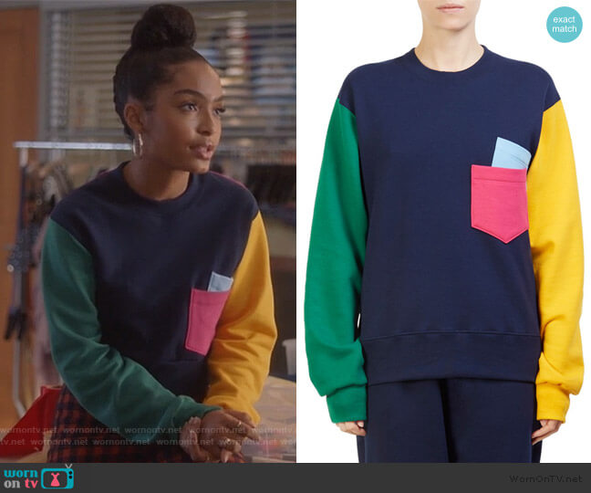 Colorblock Sweatshirt by Cedric Charlier worn by Zoey Johnson (Yara Shahidi) on Grown-ish