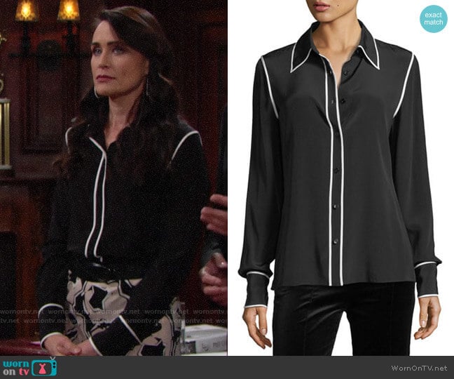 Diane Von Furstenberg Long-Sleeve Button-Front Collared Silk Blouse worn by Quinn Fuller (Rena Sofer) on The Bold and the Beautiful