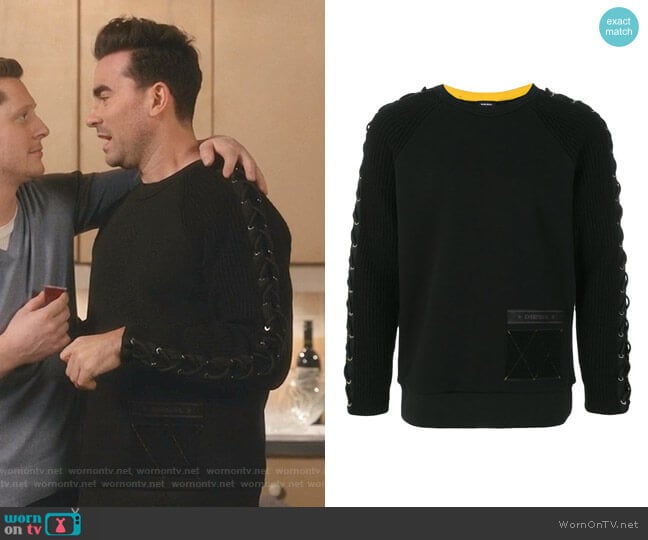 Lace-Up Detail Sweatshirt by Diesel worn by David Rose (Daniel Levy) on Schitts Creek