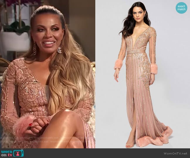 Bead Embellished Plunging Evening Gown by Terani Couture worn by Dolores Catania on The Real Housewives of New Jersey