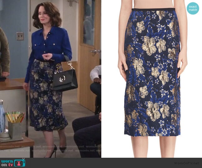 A-Line Metallic Floral-Jacquard Midi Skirt by Dries Van Noten worn by Karen Walker (Megan Mullally) on Will and Grace