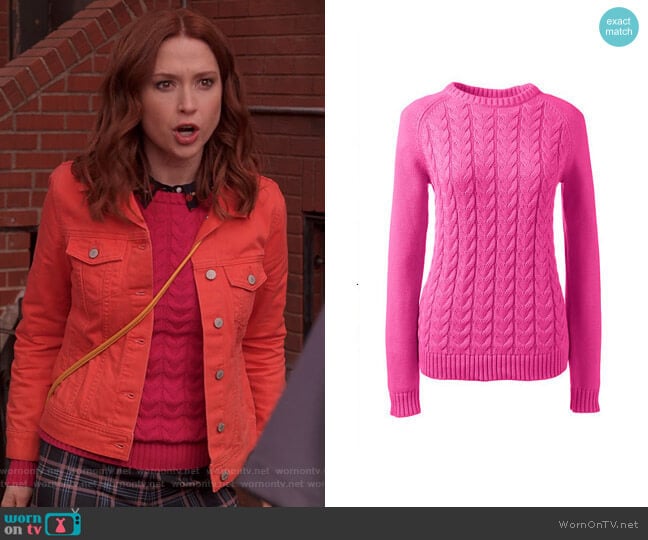 Drifter Cable Knit Sweater in Vibrant Magenta by Lands End worn by Kimmy Schmidt (Ellie Kemper) on Unbreakable Kimmy Schmidt