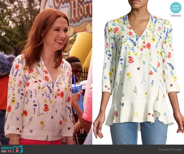 3/4-Sleeve V-Neck Floral-Print Top by Escada worn by Kimmy Schmidt (Ellie Kemper) on Unbreakable Kimmy Schmidt