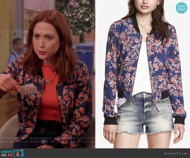 Soft Floral Bomber Jacket by Express worn by Kimmy Schmidt (Ellie Kemper) on Unbreakable Kimmy Schmidt