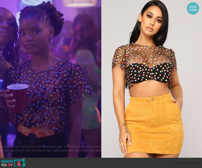 I Mesh You Polka Dot Top by Fashion Nova worn by Skylar Forster (Halle Bailey) on Grown-ish