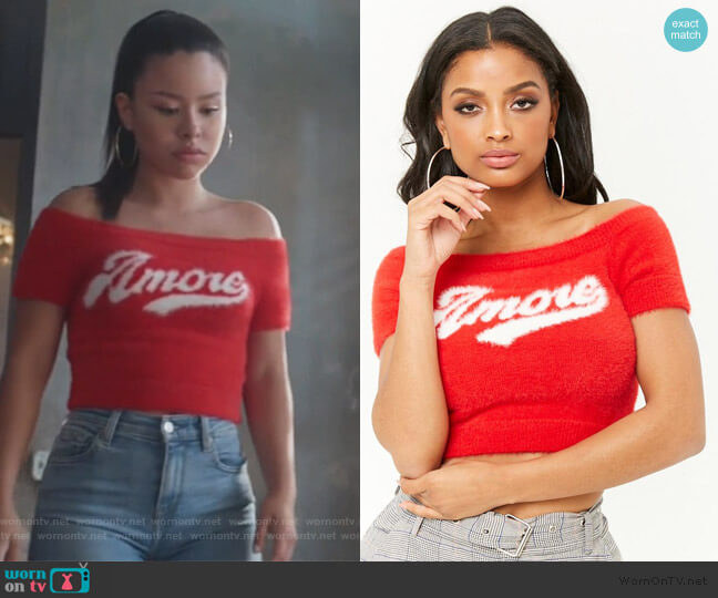 Fuzzy Amore Graphic Crop Top by Forever 21 worn by Mariana Foster (Cierra Ramirez) on Good Trouble