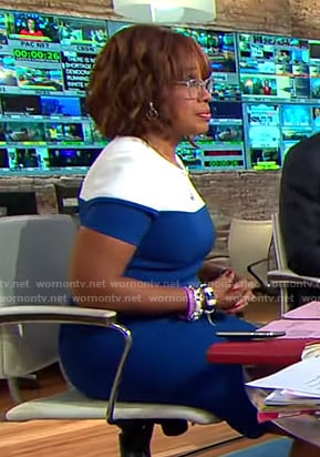 Gayle’s blue and white colorblock dress on CBS This Morning