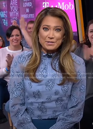 Ginger’s blue floral smocked top and zip skirt on Good Morning America