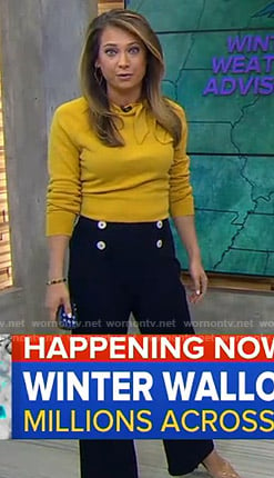 Ginger’s yellow tie neck sweater and cropped pants on Good Morning America