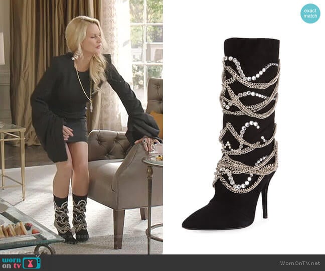 Suede Mid-Calf Boot with Chain Detail by Giuseppe Zanotti worn by Alexis Carrington (Elaine Hendrix) on Dynasty