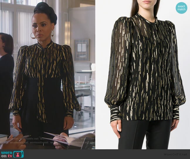 Pussy-bow metallic fil-coupé silk-blend blouse by Givenchy worn by Tegan Price (Amirah Vann) on How to Get Away with Murder