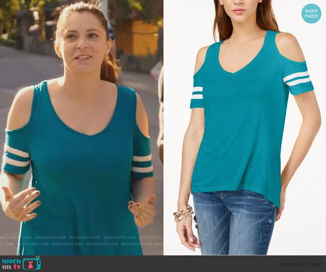 Cold-Shoulder Varsity Top by INC International Concepts worn by Rebecca Bunch (Rachel Bloom) on Crazy Ex-Girlfriend