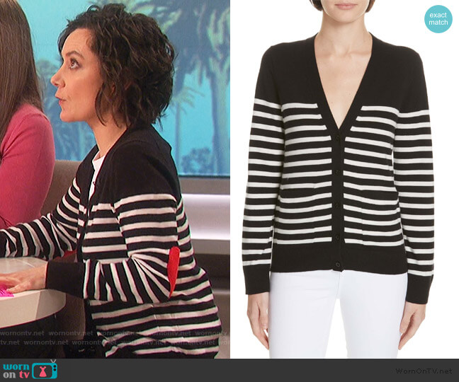 heart patch stripe cardigan by Kate Spade worn by Sara Gilbert on The Talk