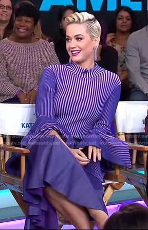 Katy Perry’s purple striped top and asymmetric leather skirt on Good Morning America