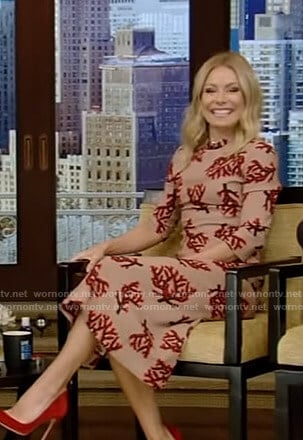 Kelly’s beige branch print midi dress on Live with Kelly and Ryan