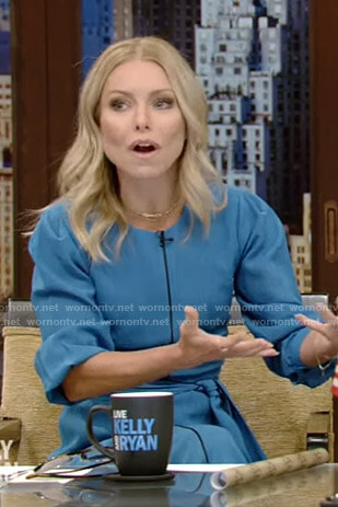 Kelly’s blue belted dress on Live with Kelly and Ryan