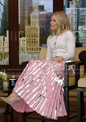 Kelly’s pink metallic pleated skirt on Live with Kelly and Ryan