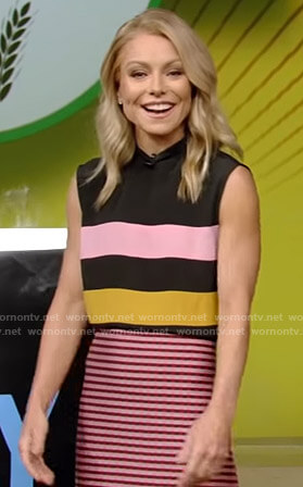 Kelly’s striped sleeveless top and pink check skirt on Live with Kelly