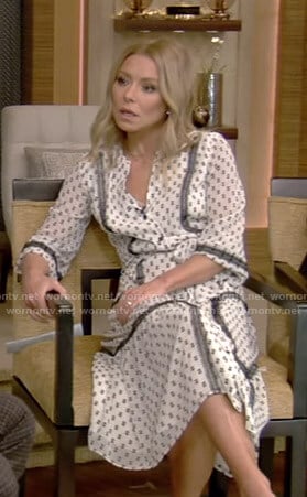 Kelly’s white printed dress with black embroidery on Live with Kelly and Ryan