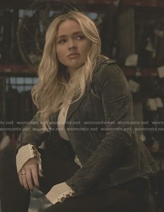 Lauren's lace-up cuff top and peplum suede moto jacket on The Gifted