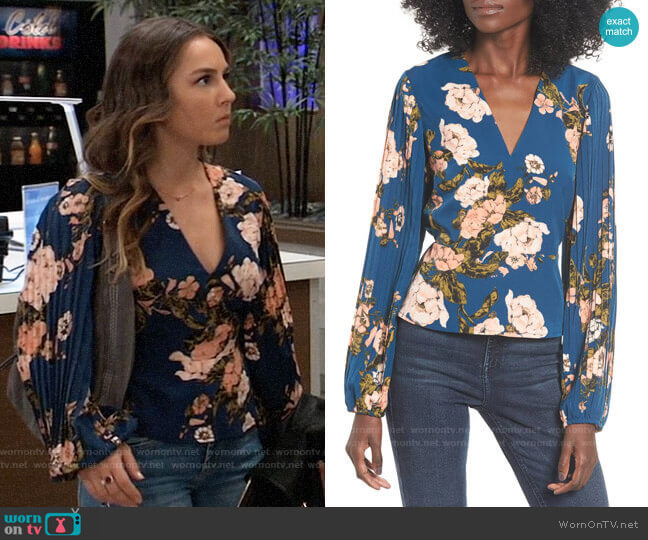 WornOnTV: Kristina’s blue floral top with pleated sleeves on General ...