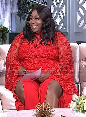 Loni’s red mock neck lace top and split pants on The Real