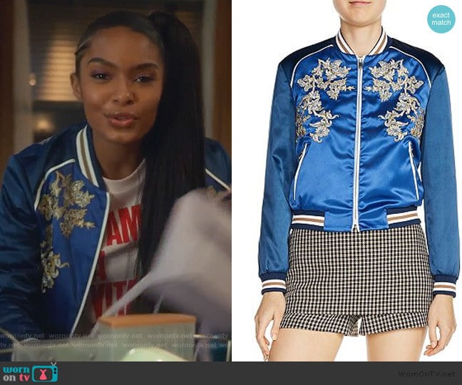 Bichon Embroidered Bomber Jacket by Maje worn by Zoey Johnson (Yara Shahidi) on Grown-ish