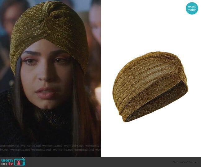 Tasha Metallic Turban worn by Ava Jalali (Sofia Carson) on Pretty Little Liars The Perfectionists