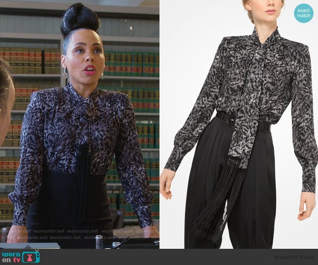 Fringed Tiger Silk-Georgette Scarf Blouse by Michael Kors worn by Tegan Price (Amirah Vann) on How to Get Away with Murder