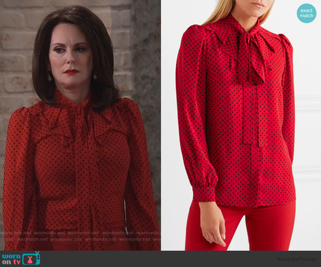 Pussy-bow polka-dot silk-georgette blouse by Michael Kors Collection worn by Karen Walker (Megan Mullally) on Will and Grace